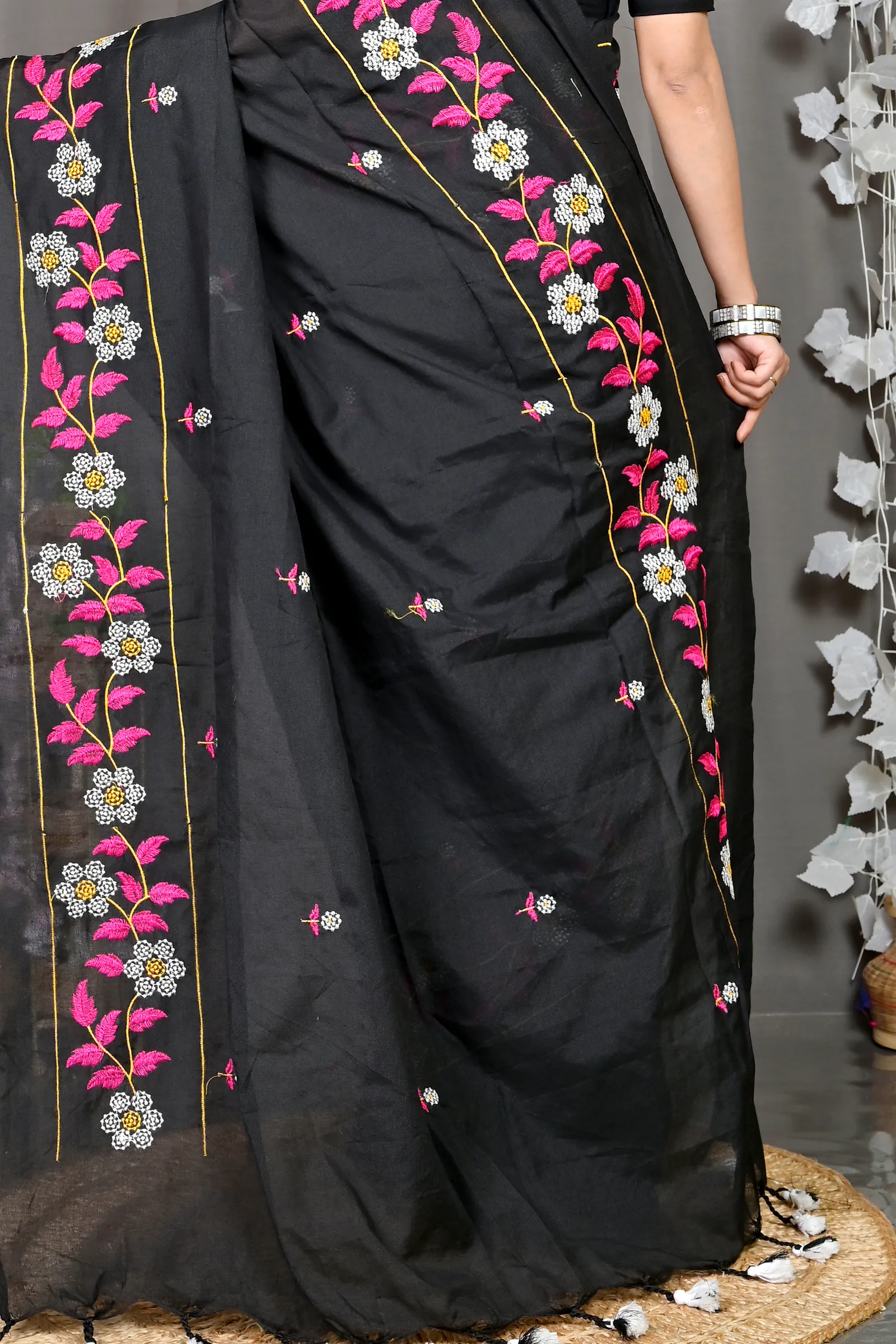 Black Cotton Blended Paraya Embroidery Handloom saree (303)
